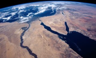 View of Earth from orbit, focused on north-eastern Africa and the Middle East, showing the Nile River, Red Sea, and Sinai Peninsula.